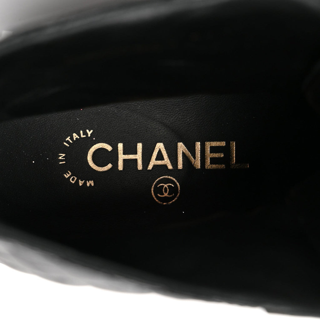 Chanel Shiny Lambskin Quilted Lace Up Combat Boots 38.5 Black