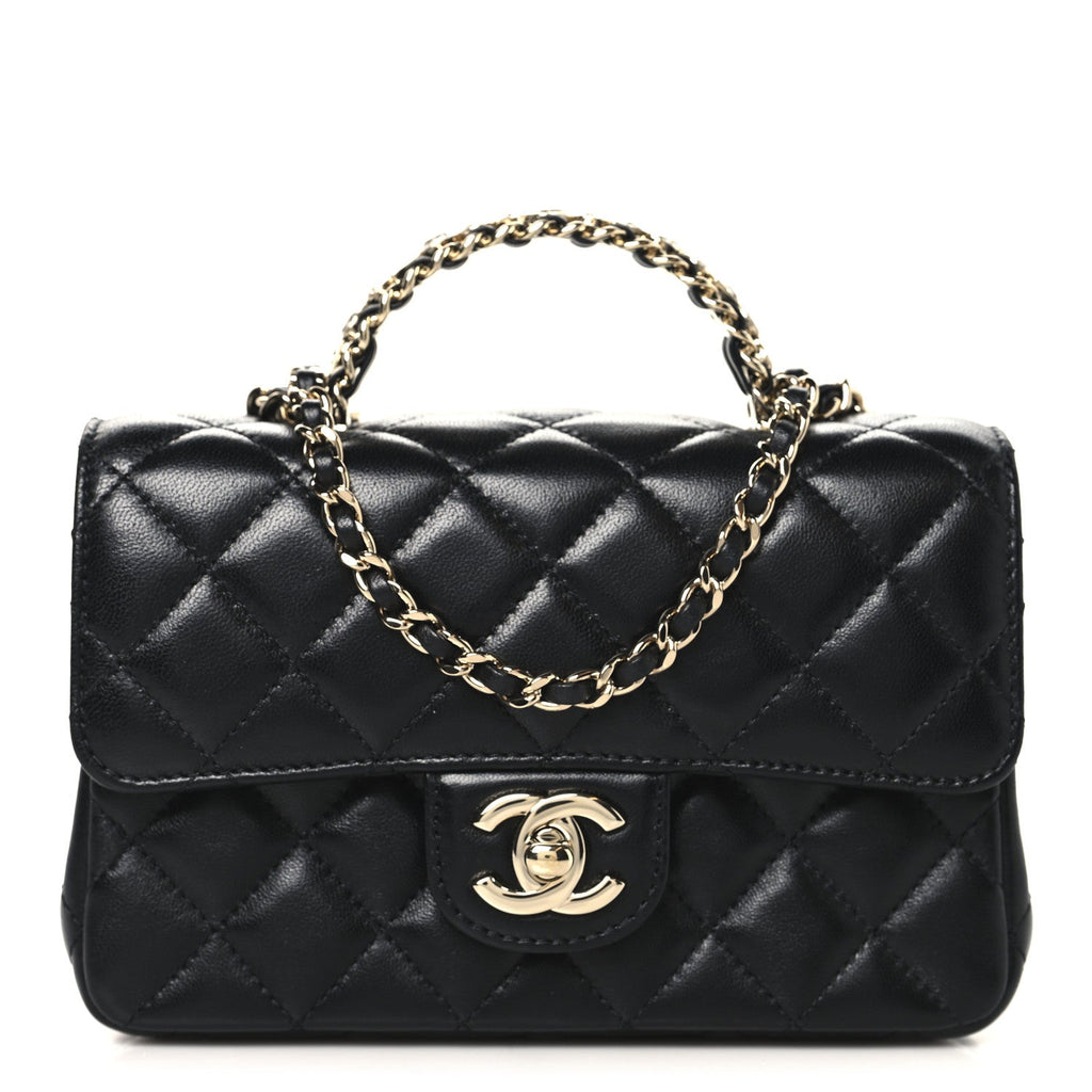 Chanel Lambskin Quilted Mini Crystal Top Handle Rectangular Flap Black