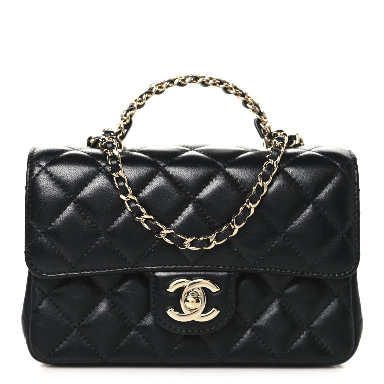Chanel Lambskin Quilted Mini Crystal Top Handle Rectangular Flap Black