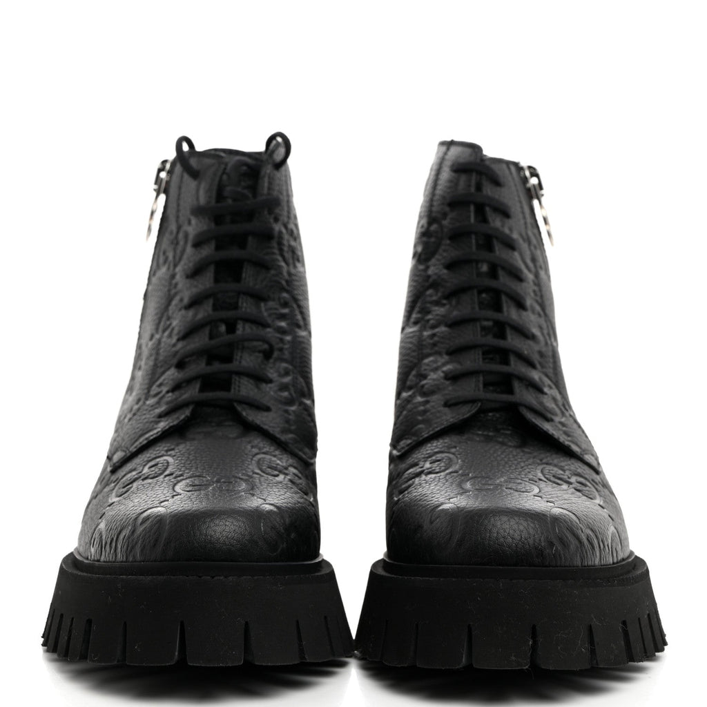 Gucci Calfskin Embossed Monogram Lace Up Ankle Boots 8 Black