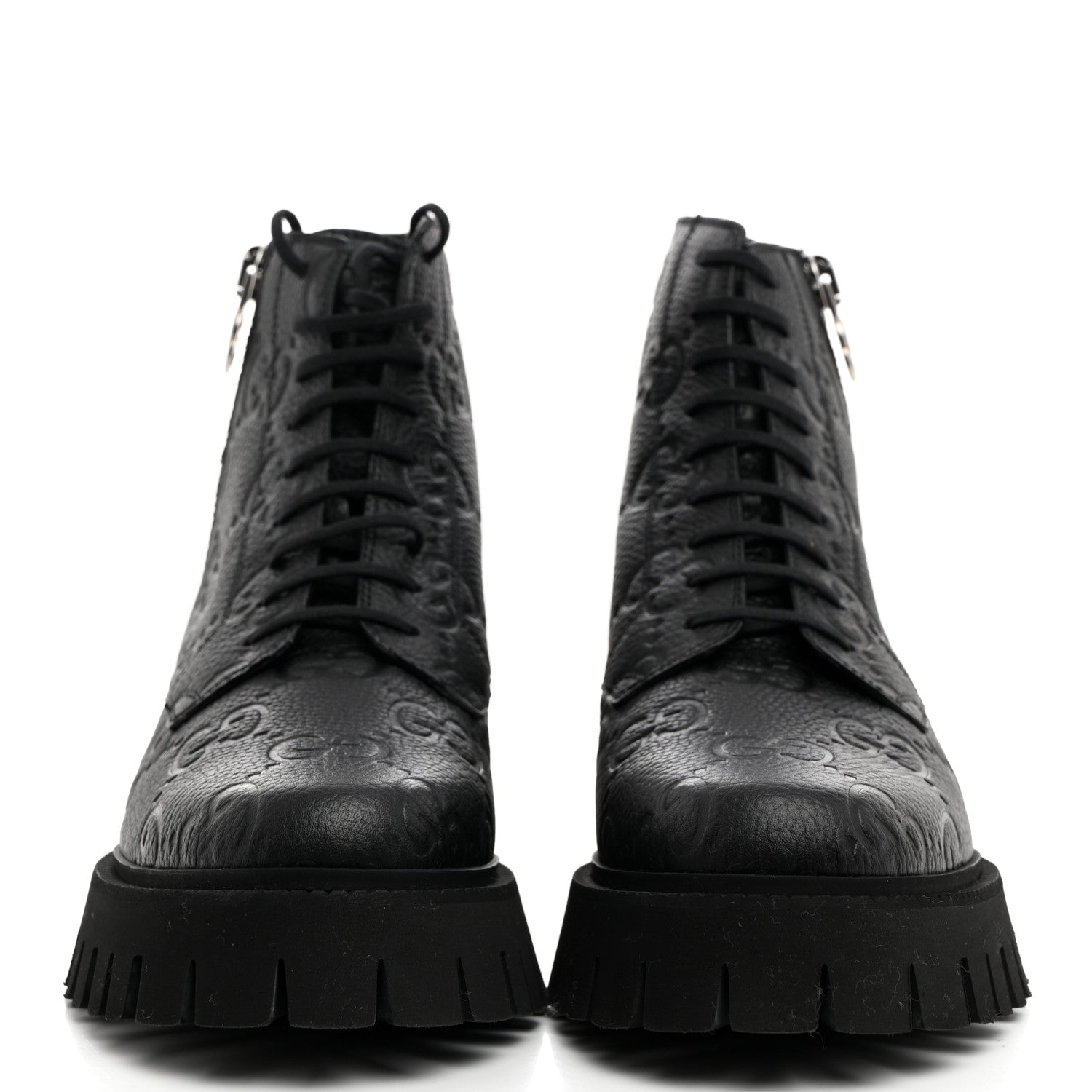 Gucci Calfskin Embossed Monogram Lace Up Ankle Boots 8 Black