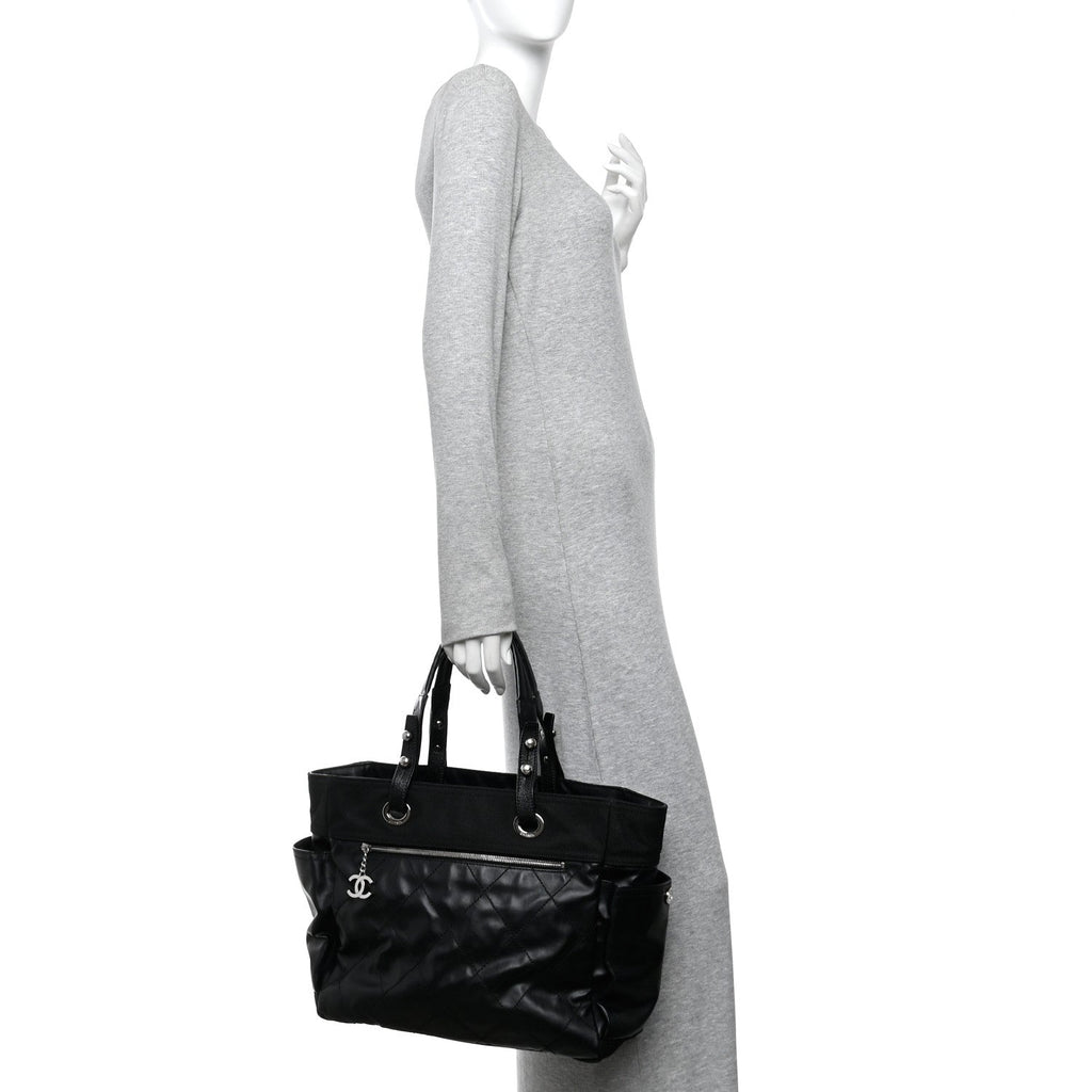 Chanel Coated Canvas Quilted Large Paris Biarritz Tote Black