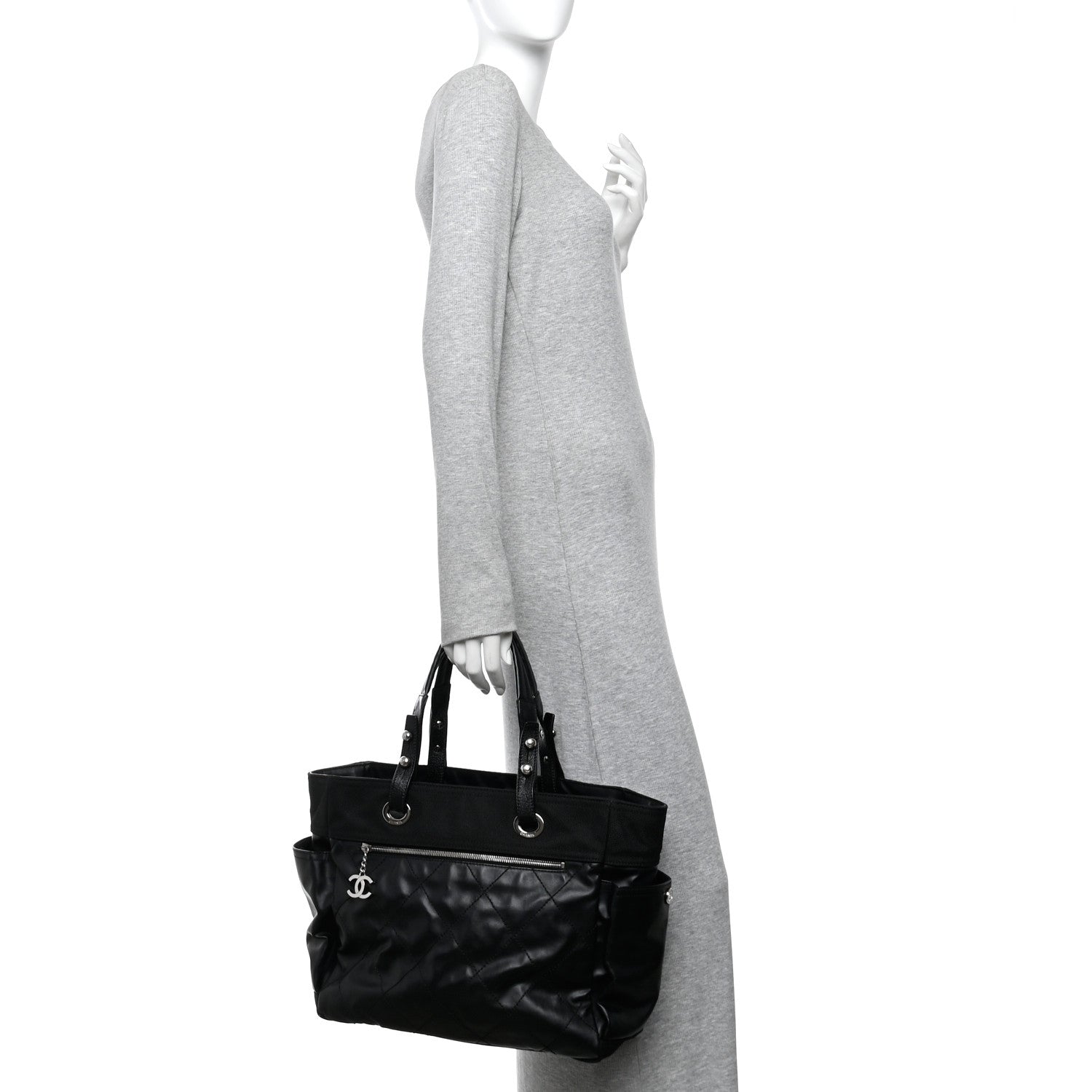 Chanel Coated Canvas Quilted Large Paris Biarritz Tote Black