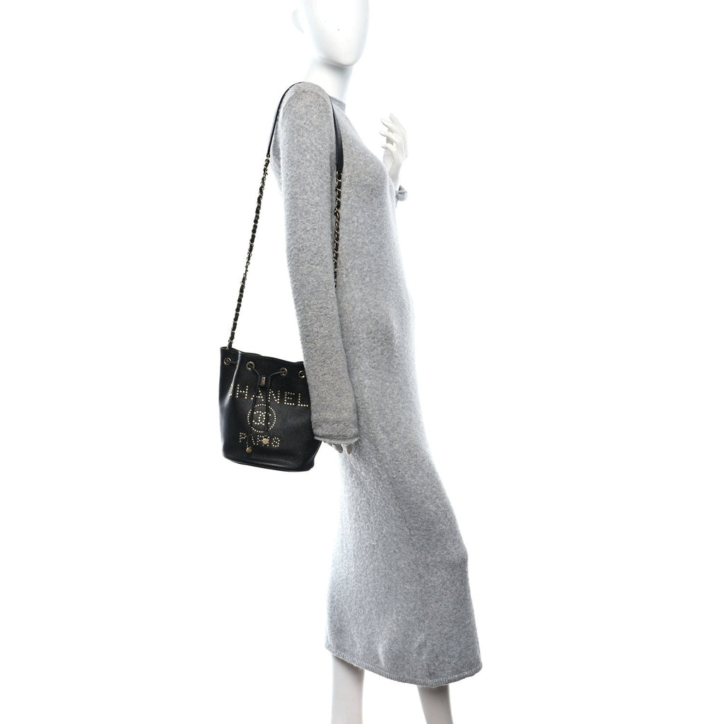 Chanel Caviar Deauville Drawstring Bucket Bag Black