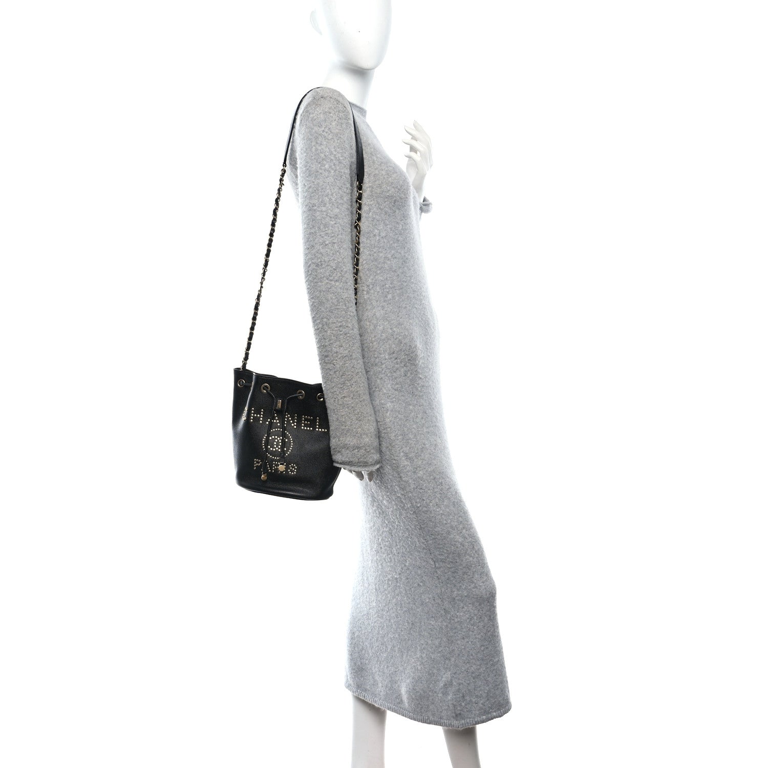 Chanel Caviar Deauville Drawstring Bucket Bag Black