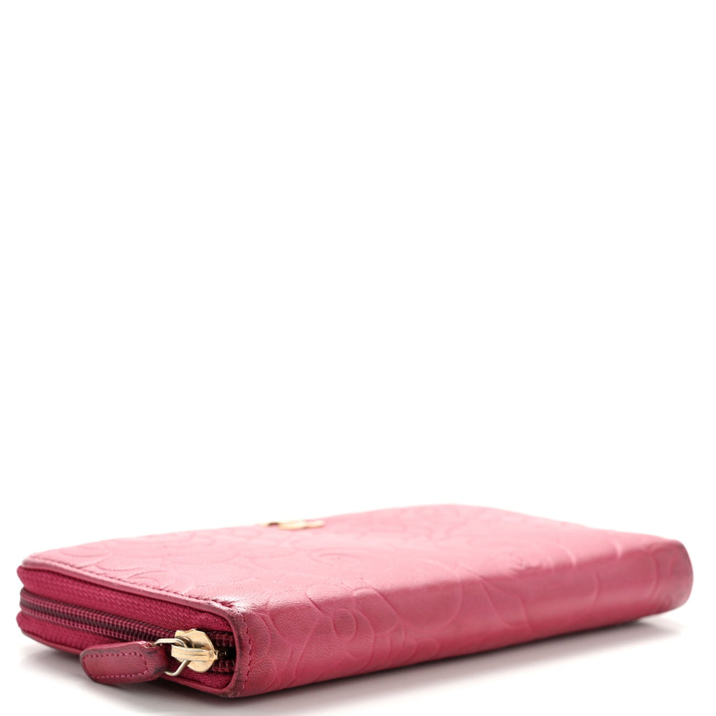 Chanel Lambskin Camellia Embossed Large Gusset Zip Around Wallet Fuchsia
