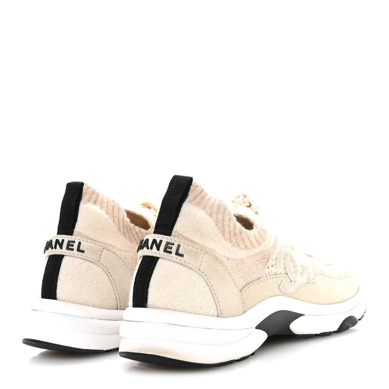 Knit Fabric Suede Calfskin Womens CC Sneakers 36 Ivory
