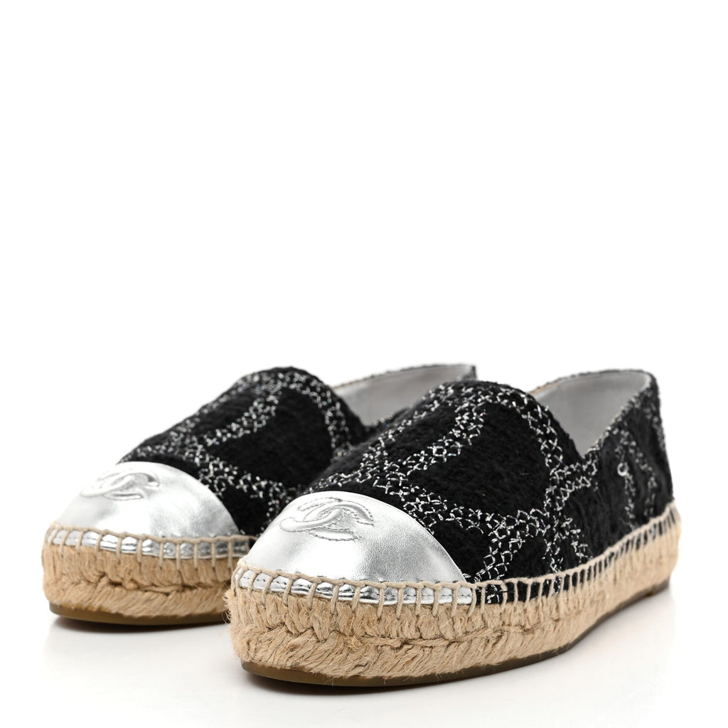 Metallic Tweed Lambskin CC Espadrilles 36 Black Silver