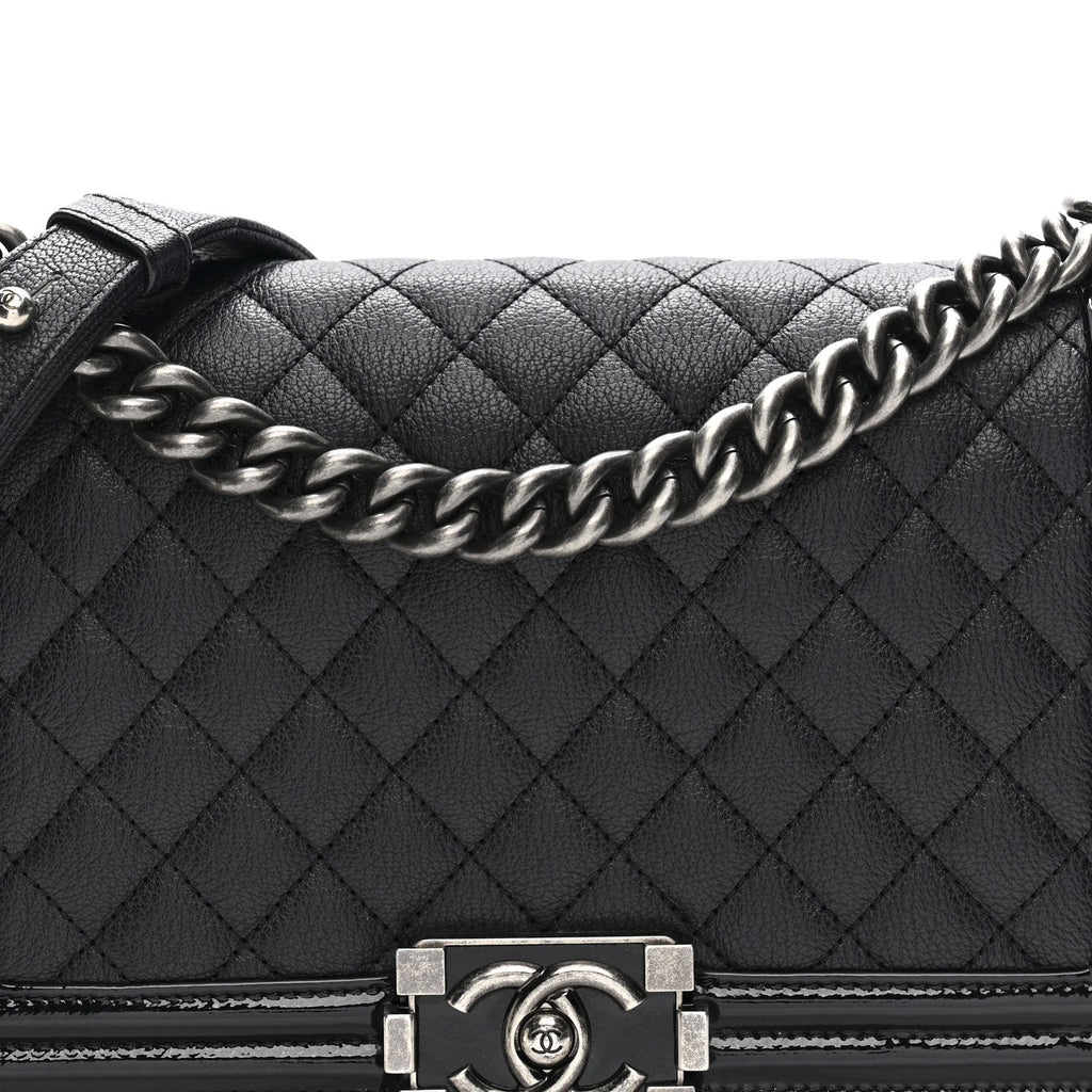 Chanel Goatskin Quilted Patent Medium Duo Boy Flap Dark Blue