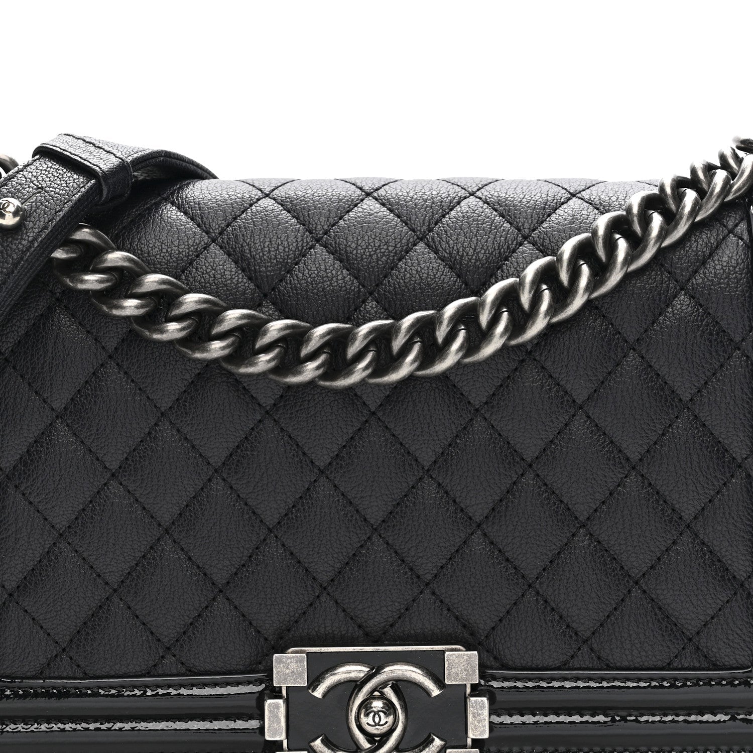 Chanel Goatskin Quilted Patent Medium Duo Boy Flap Dark Blue