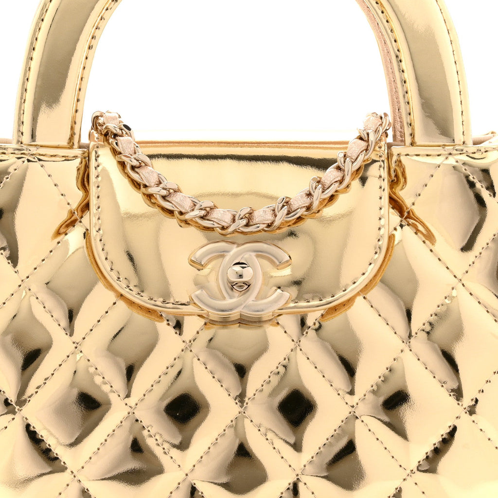 Chanel Mirror Calfskin Metallic Calfskin Quilted Nano Kelly Shopper Gold
