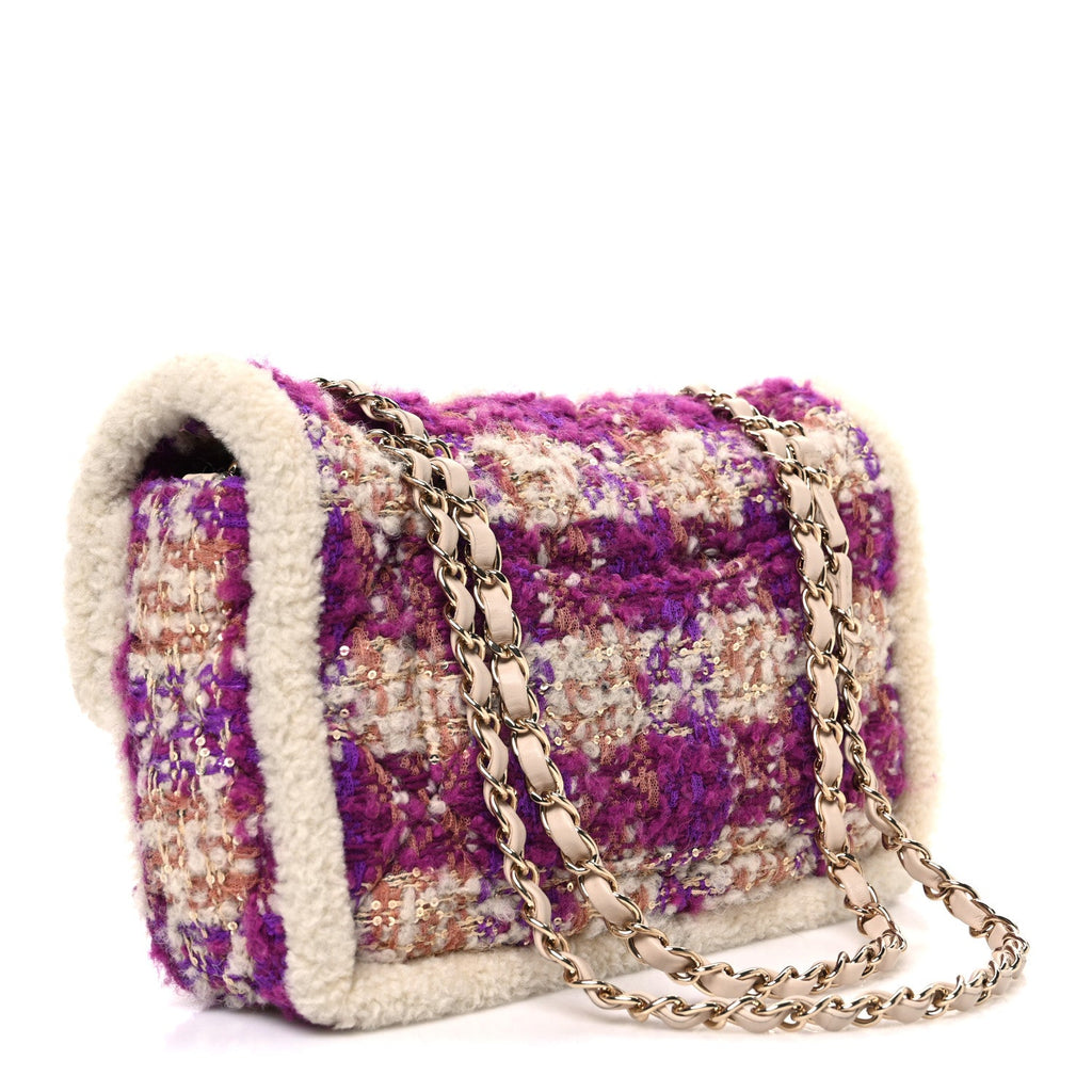 Chanel Tweed Shearling Large Flap Bag Purple Beige