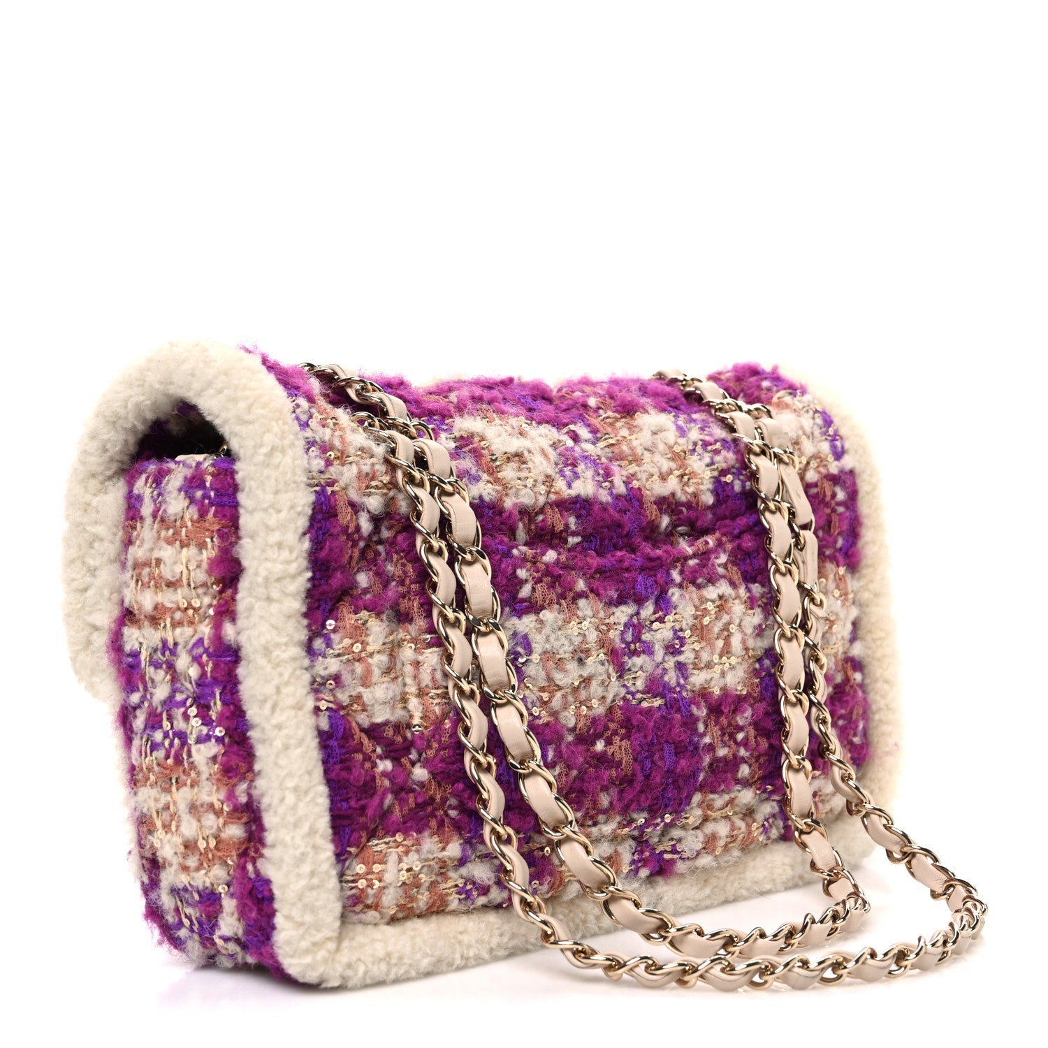 Chanel Tweed Shearling Large Flap Bag Purple Beige