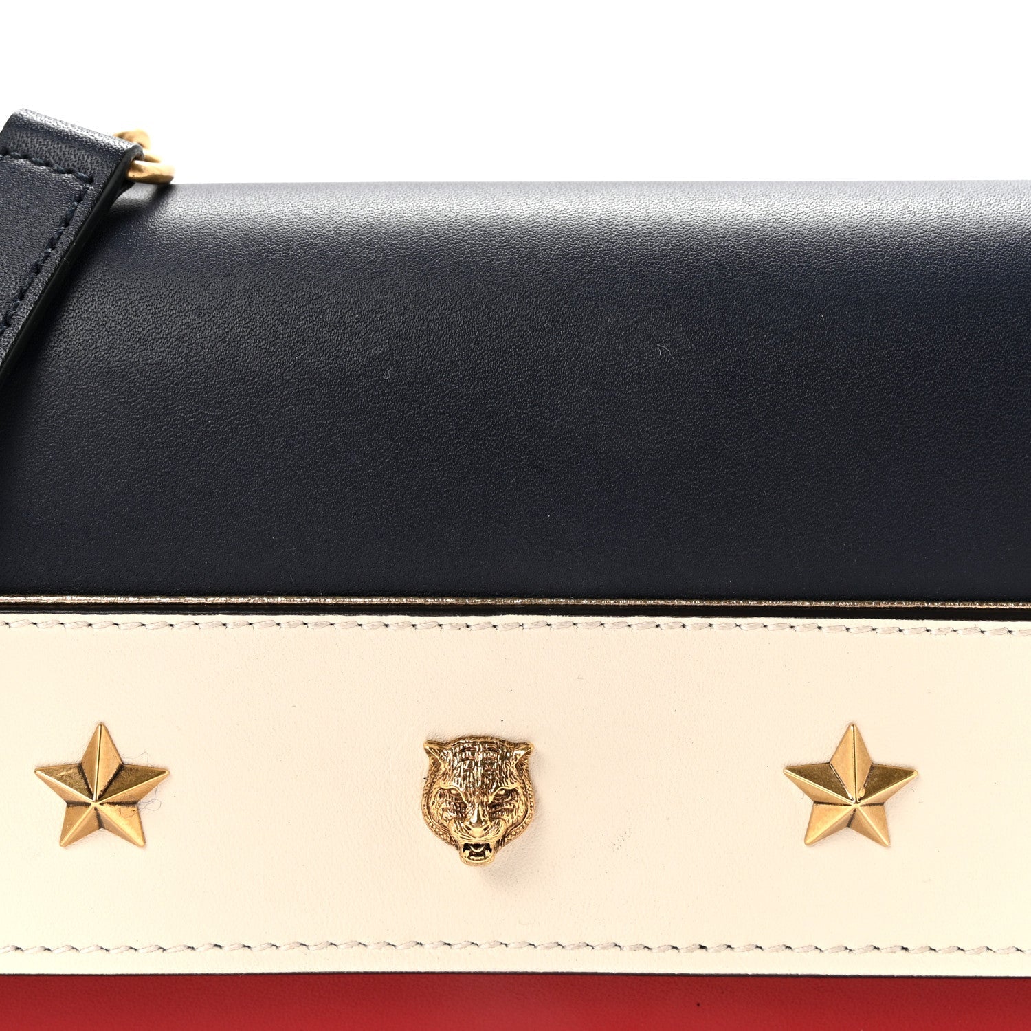 Gucci Calfskin Tiger Studded Chain Wallet Blue Agata Hibiscus Red Mystic White