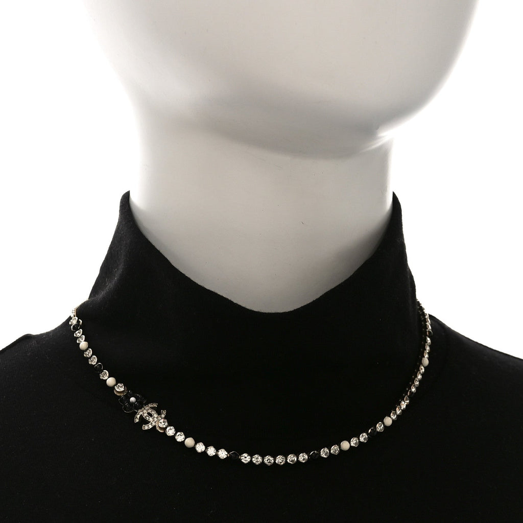 Crystal Pearl Glass Beaded CC Short Necklace Gold White Black