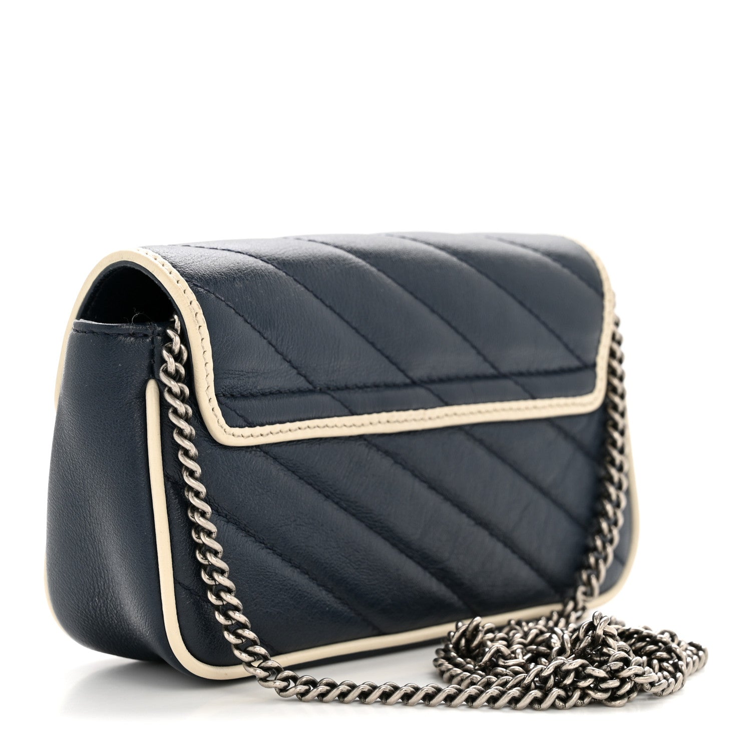 Gucci Vintage Effect Calfskin Matelasse Diagonal Super Mini Torchon GG Marmont Shoulder Bag Blue Agata Mystic White