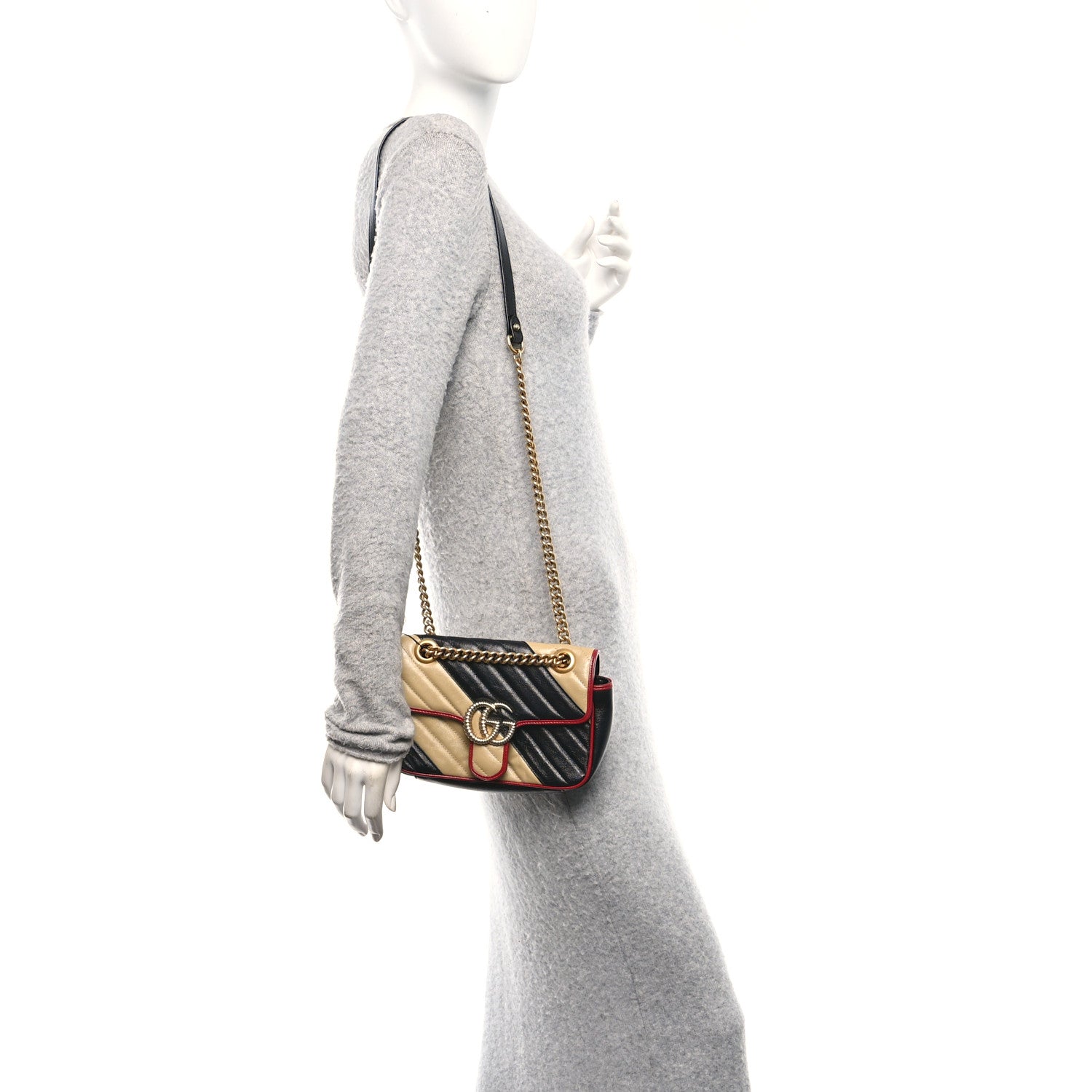 Gucci Vintage Effect Calfskin Matelasse Diagonal Striped Mini Torchon GG Marmont Shoulder Bag Black Beige