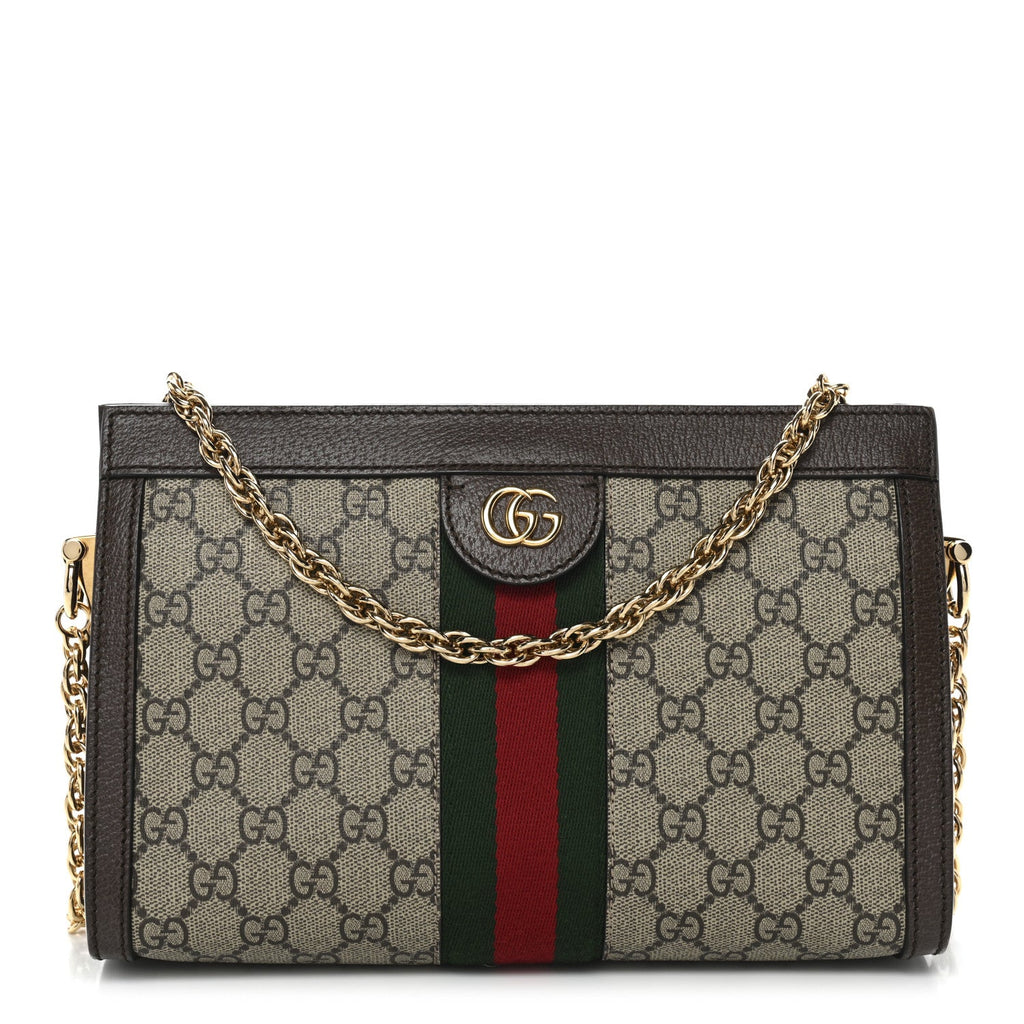 Gucci GG Supreme Monogram Web Small Ophidia Chain Shoulder Bag Brown