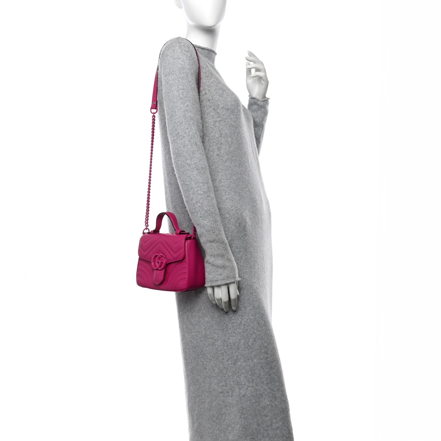 Gucci Calfskin Matelasse Monochrome Mini GG Marmont Top Handle Shoulder Bag Classic Fuxia