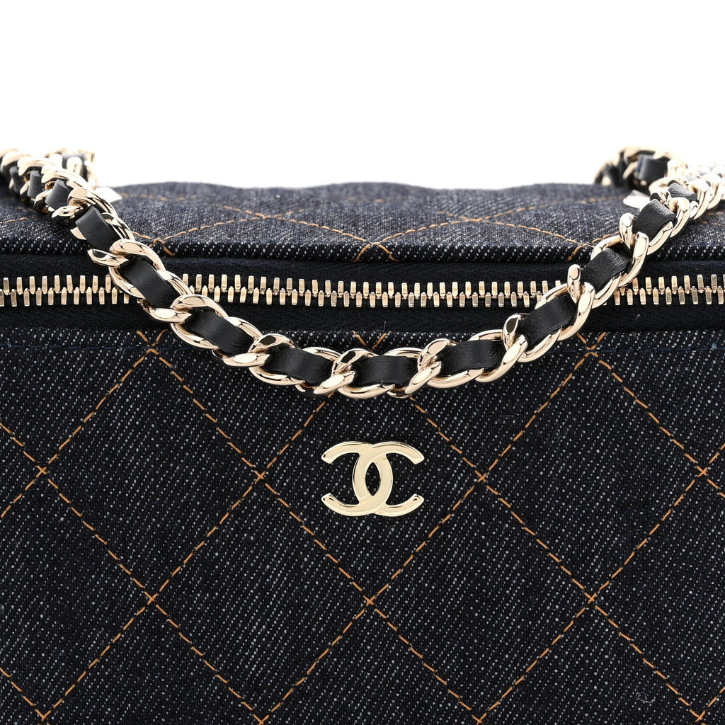 Chanel Denim Quilted Vanity Case With Chain Dark Blue
