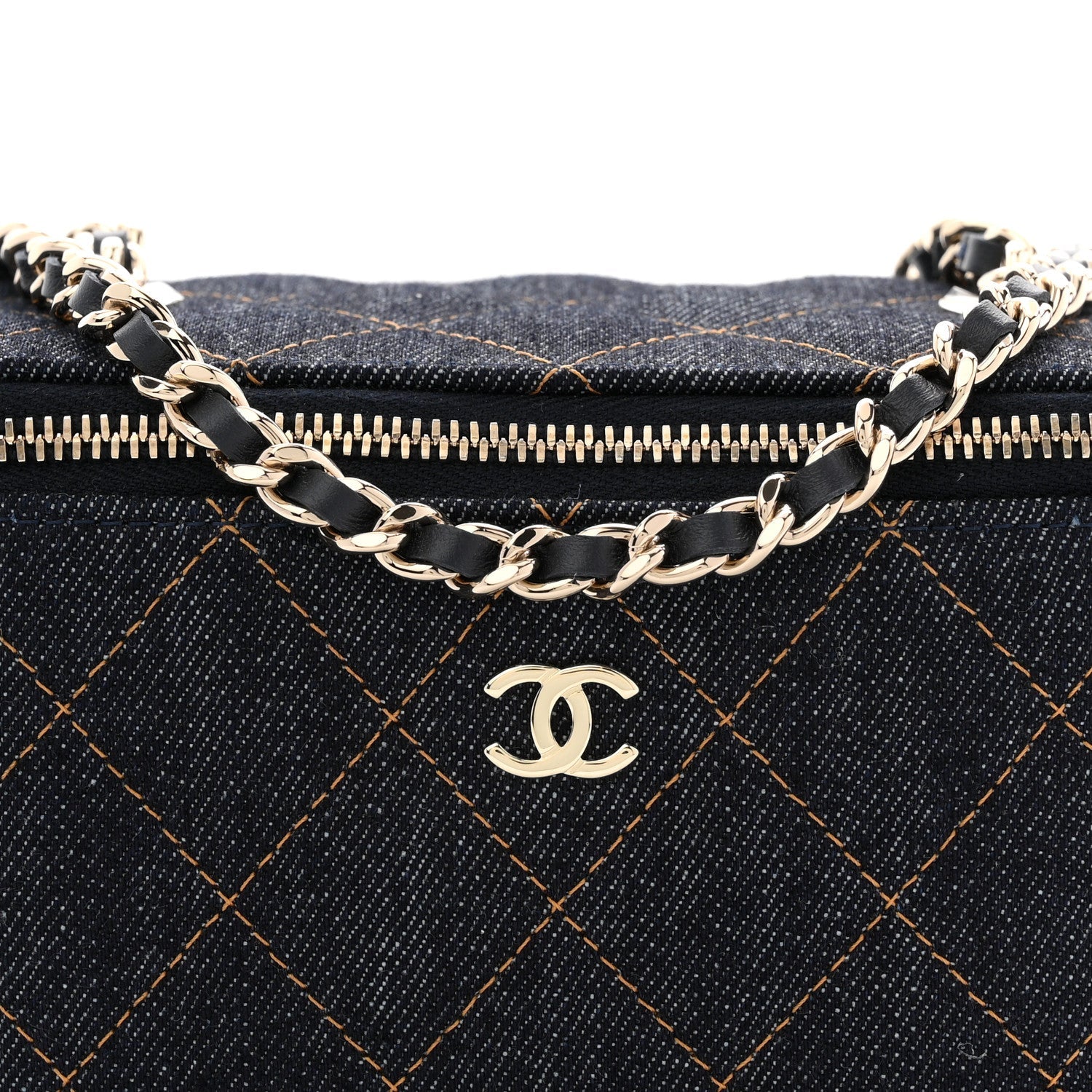 Chanel Denim Quilted Vanity Case With Chain Dark Blue