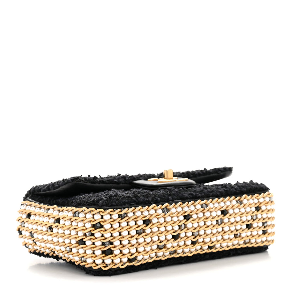 Chanel Tweed Quilted Mini Side Pearl Flap Bag Black