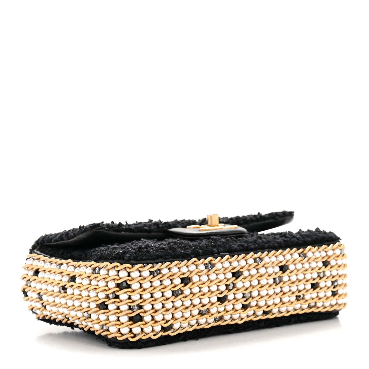 Chanel Tweed Quilted Mini Side Pearl Flap Bag Black