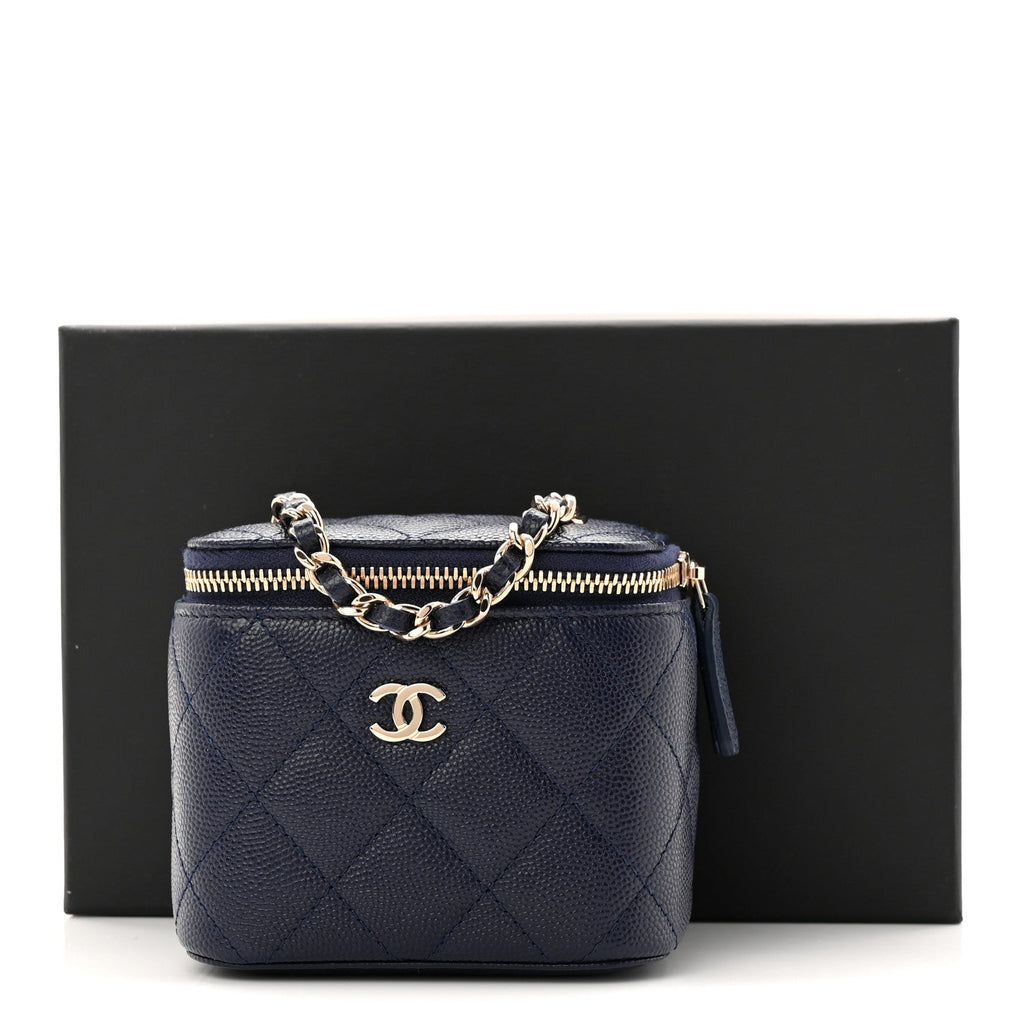 Chanel Caviar Quilted Mini Vanity Case With Chain Navy Blue