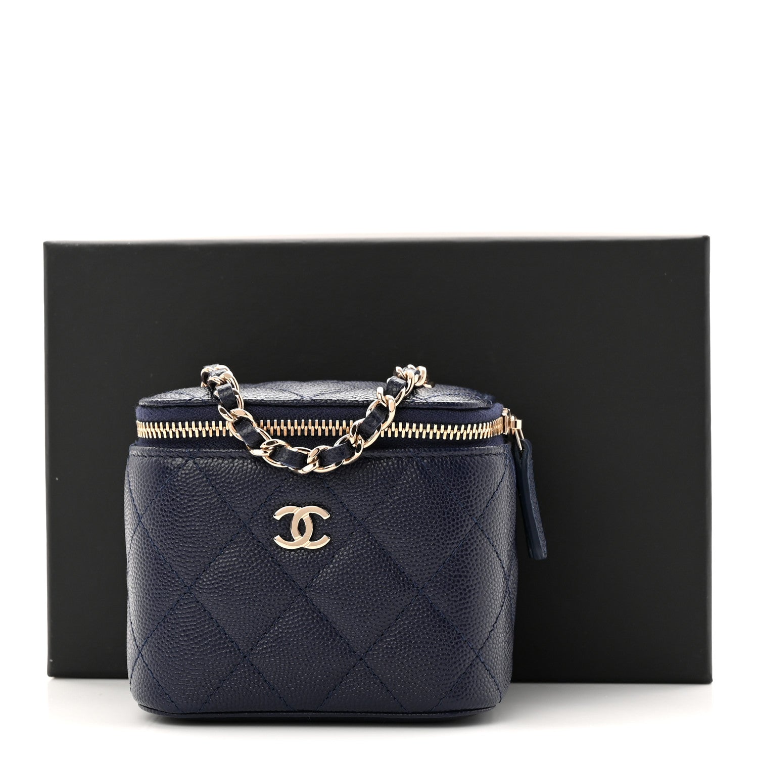 Chanel Caviar Quilted Mini Vanity Case With Chain Navy Blue