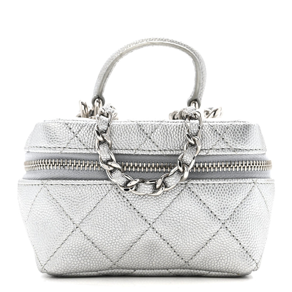 Chanel Metallic Caviar Quilted Mini Top Handle Vanity With Chain Silver