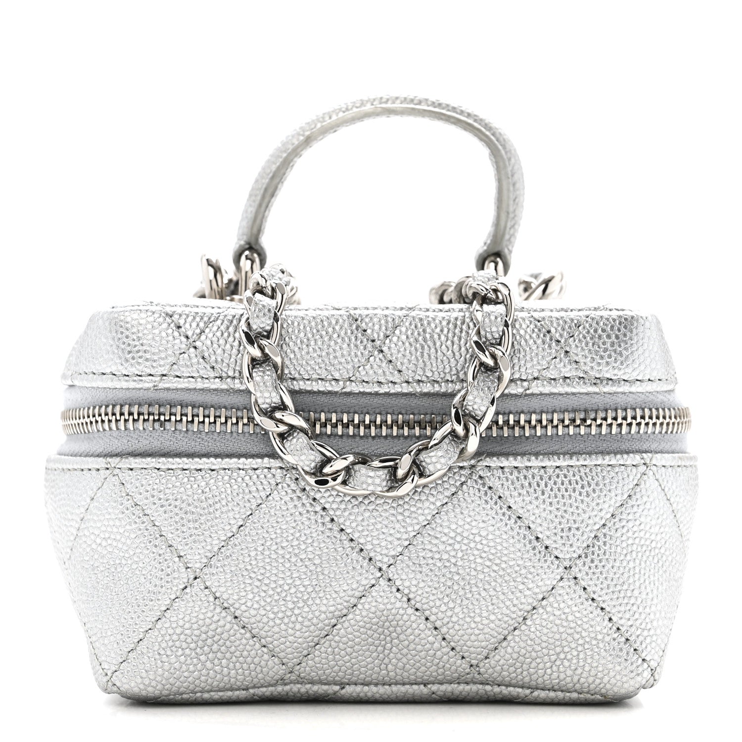 Chanel Metallic Caviar Quilted Mini Top Handle Vanity With Chain Silver