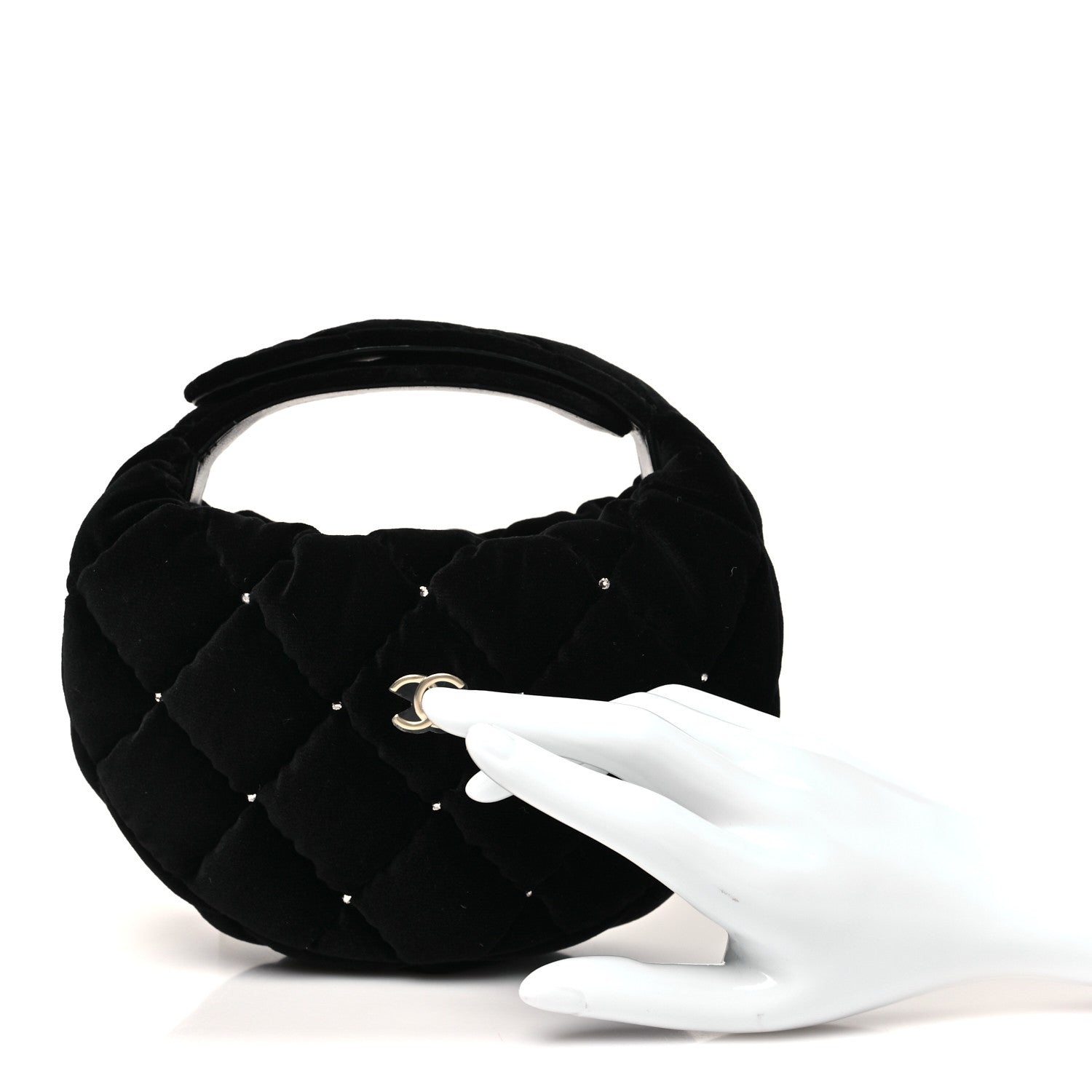 Chanel Velvet Diamanté Quilted Pocket Pouch Hobo Black