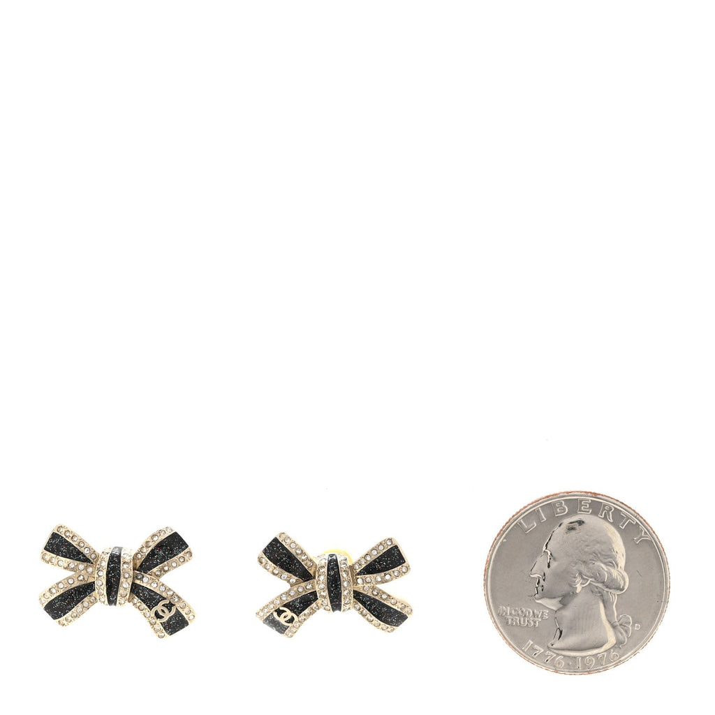 Glitter Enamel Crystal Bow Stud Earrings Black Gold