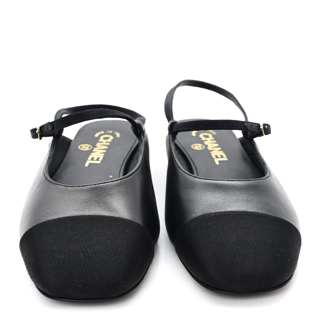 Lambskin Grosgrain Rounded Toe CC Slingback Flats 36.5 Black