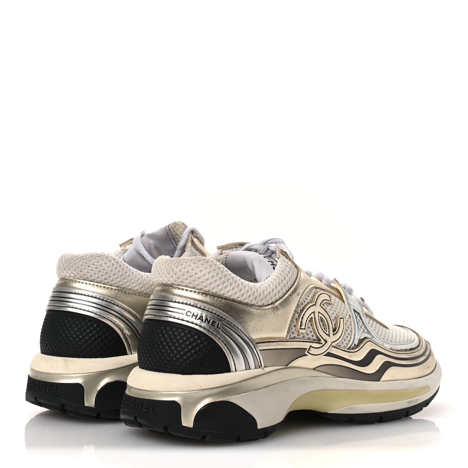 Fabric Laminated Calfskin Stretch CC Sneakers 37 White Gold Silver