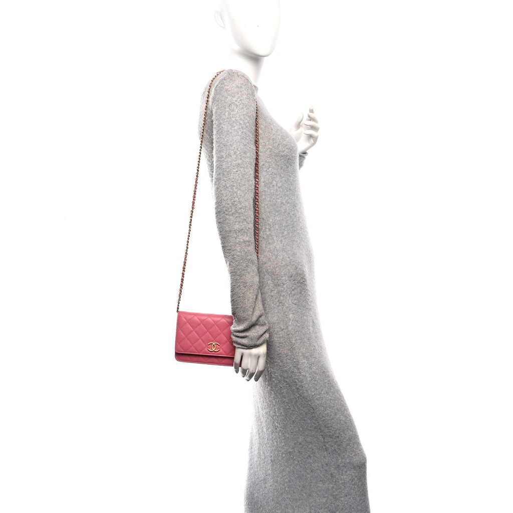 Chanel Caviar Quilted Textured CC Wallet On Chain WOC Pink
