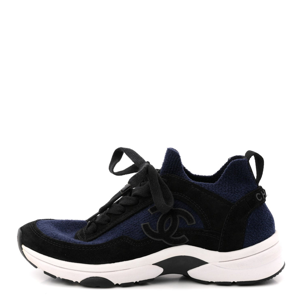 Knit Fabric Suede Calfskin Womens CC Sneakers 36 Navy Black