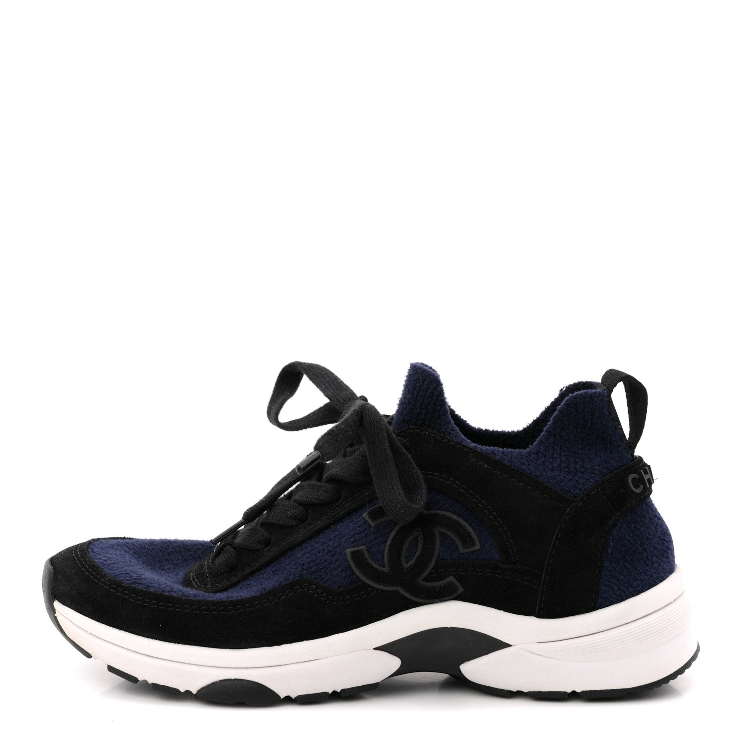 Knit Fabric Suede Calfskin Womens CC Sneakers 36 Navy Black