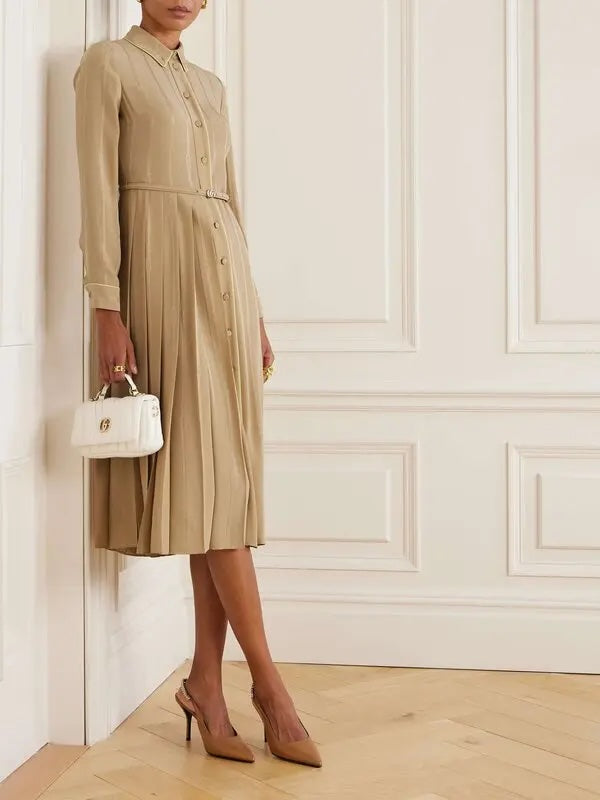 GUCCI BELTED PLEATED SILK-JACQUARD MIDI SHIRT DRESS