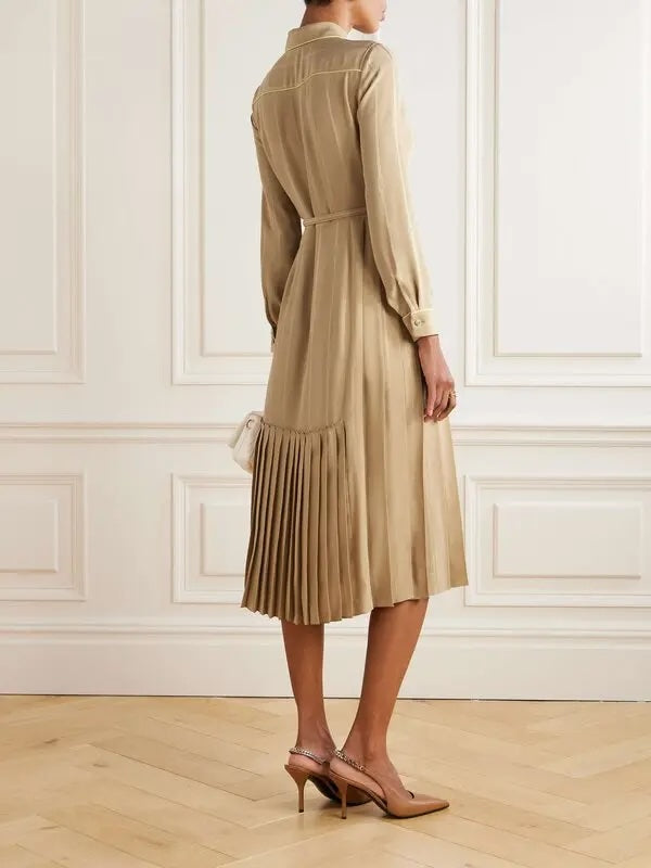 GUCCI BELTED PLEATED SILK-JACQUARD MIDI SHIRT DRESS