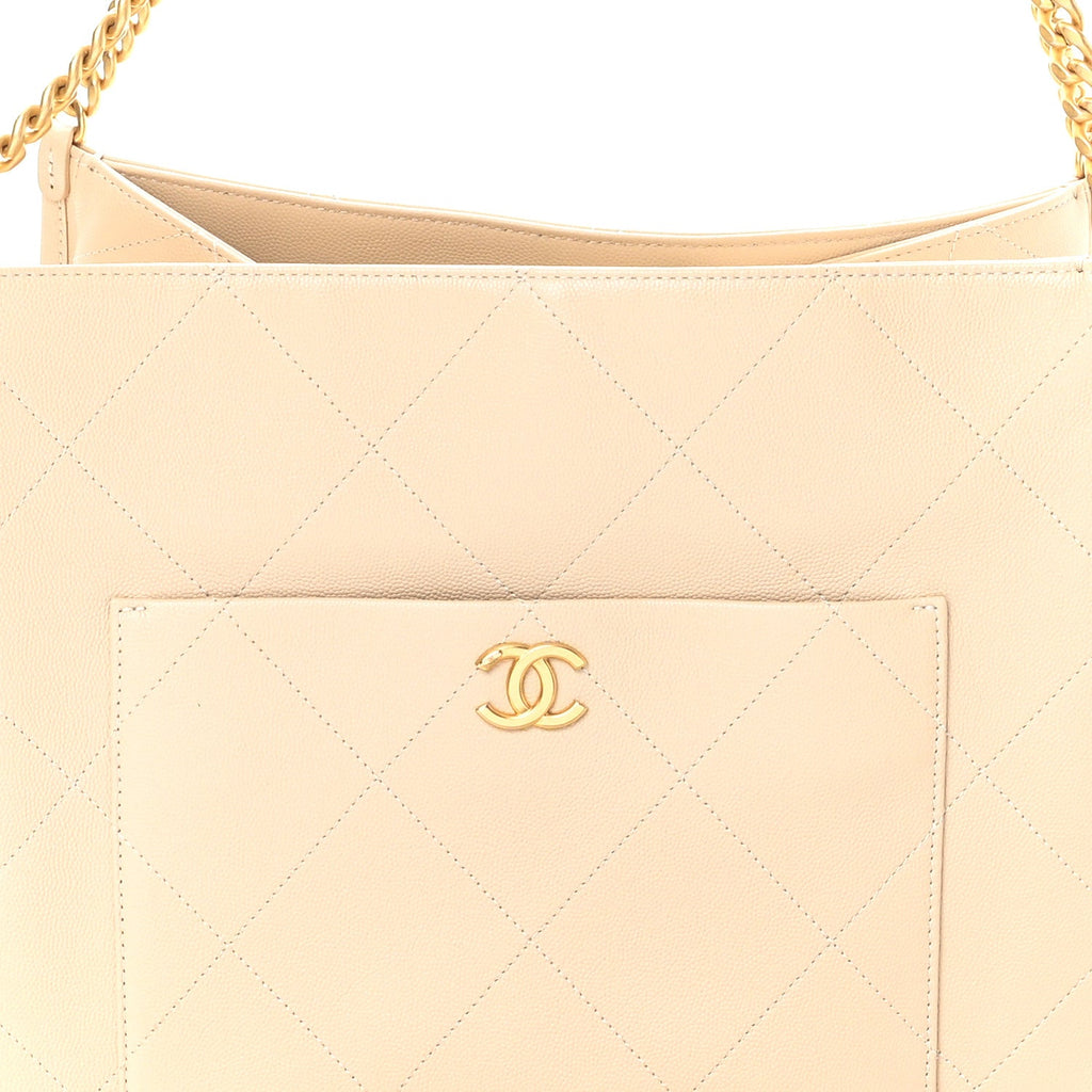 Chanel Caviar Stitched Pocket CC Large Tote Light Beige