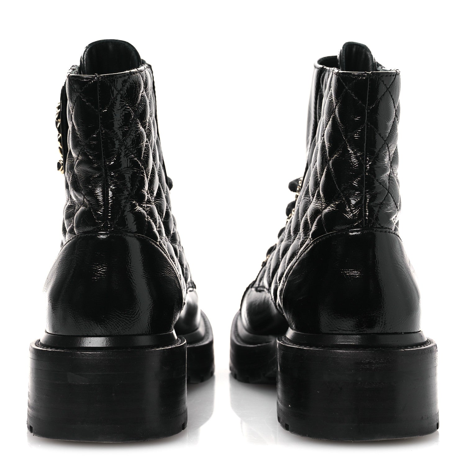 Chanel Shiny Calfskin Quilted Lace Up Combat Boots 37 Black