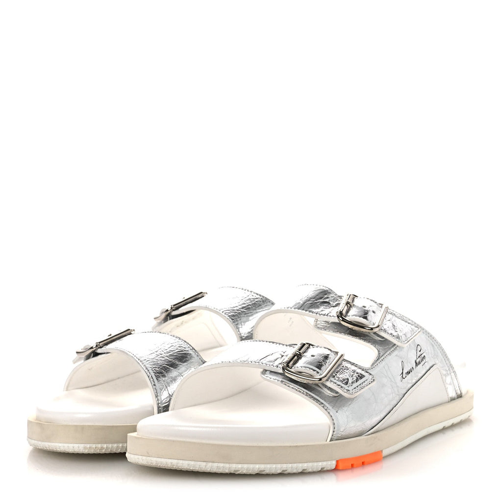 Louis Vuitton Metallic Mix Materials Mens LV Script Trainer Mules 11 Silver Multicolor