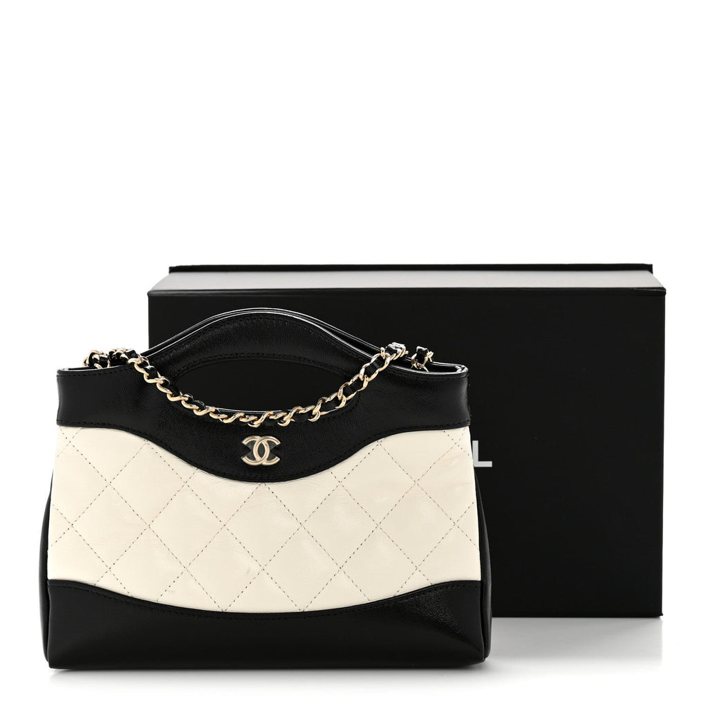 Chanel Shiny Crumpled Calfskin Quilted Nano 31 Shopping Bag White Black