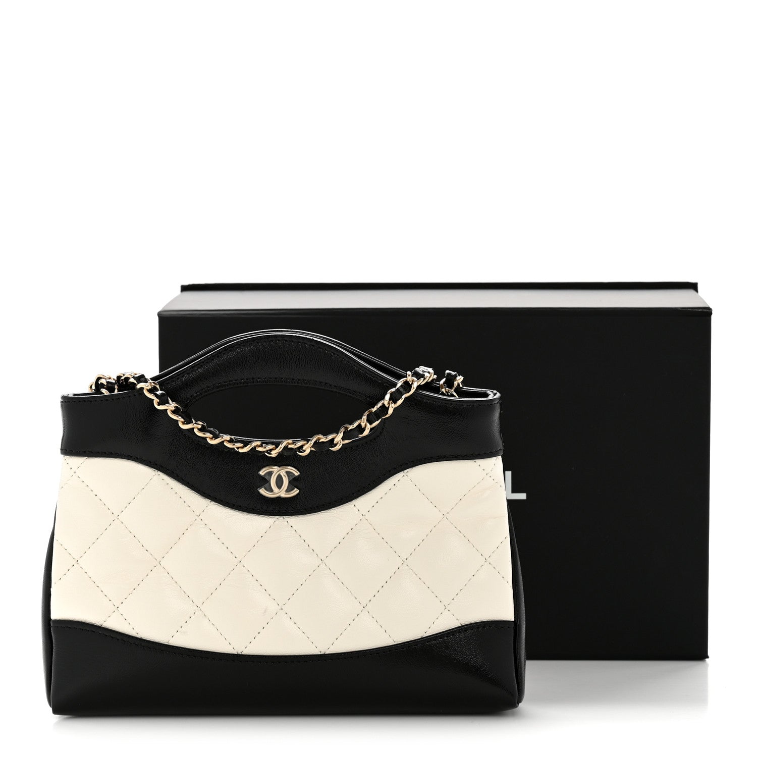 Chanel Shiny Crumpled Calfskin Quilted Nano 31 Shopping Bag White Black