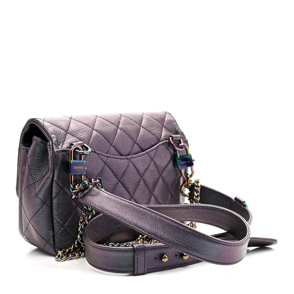 Chanel Iridescent Goatskin Quilted Small Double Carry Waist Chain Flap Purple