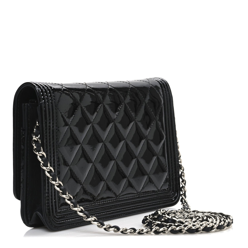 Chanel Patent Calfskin Quilted Boy Wallet On Chain WOC Black