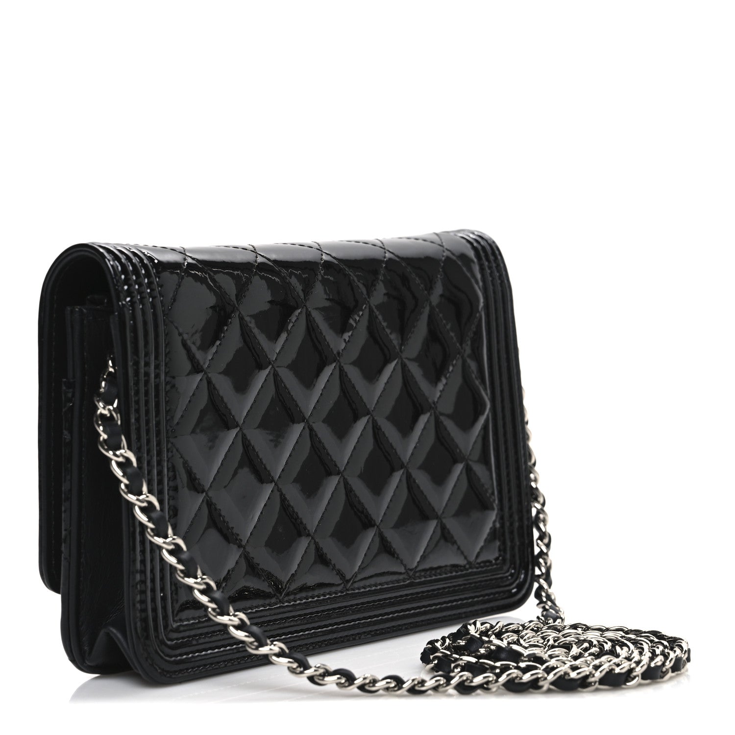 Chanel Patent Calfskin Quilted Boy Wallet On Chain WOC Black