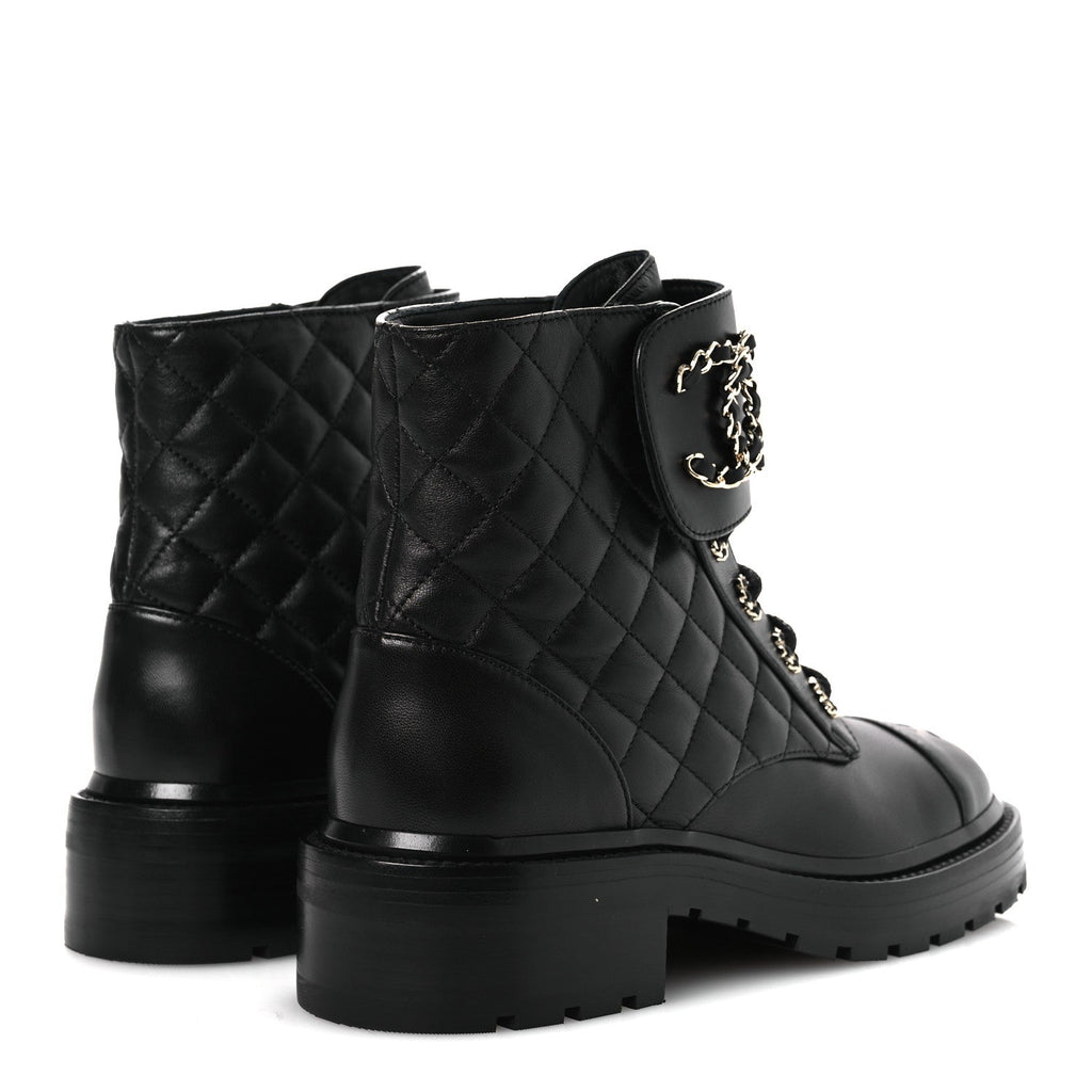 Chanel Shiny Lambskin Quilted Lace Up Combat Boots 37 Black