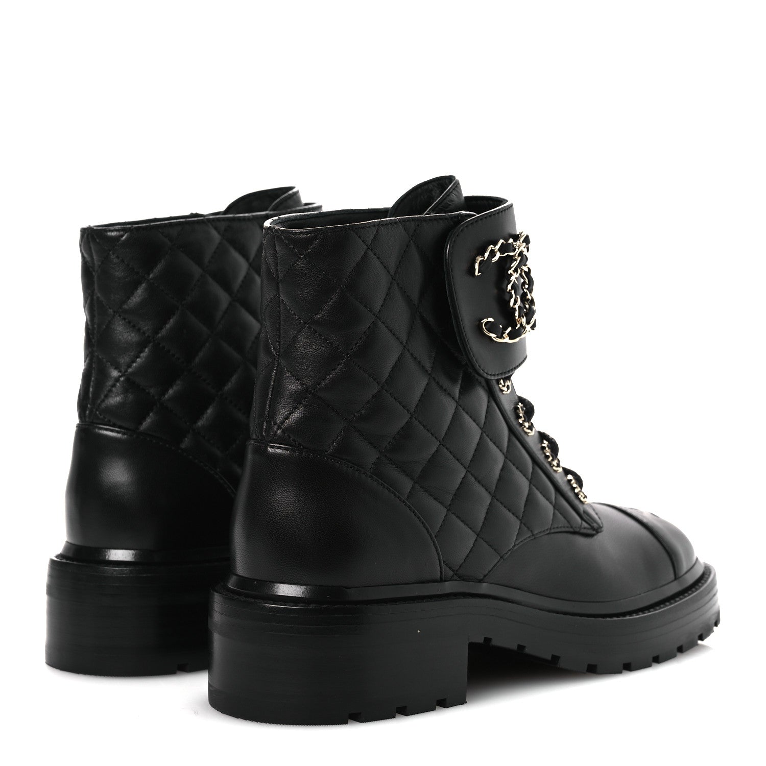 Chanel Shiny Lambskin Quilted Lace Up Combat Boots 37 Black